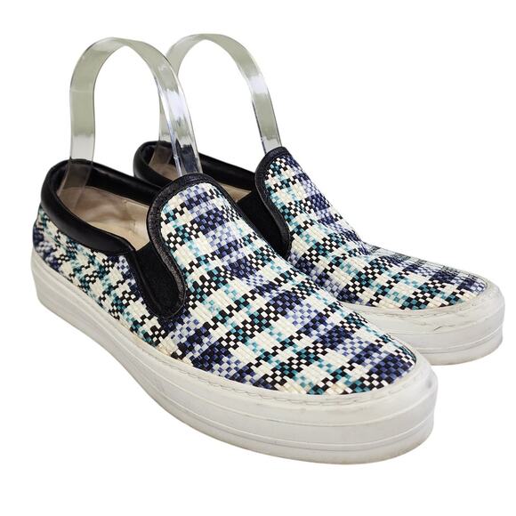 AGL Womens Plaid Woven Slip On Shoes Size US 7.5 EU 37.5 Leather Blue Black - Picture 1 of 10